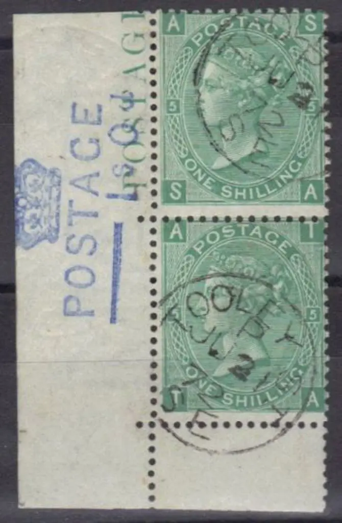 1867 1/- green plate 5 marginal pair from lower ... Image 1++