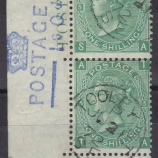 1867 1/- green plate 5 marginal pair from lower ...