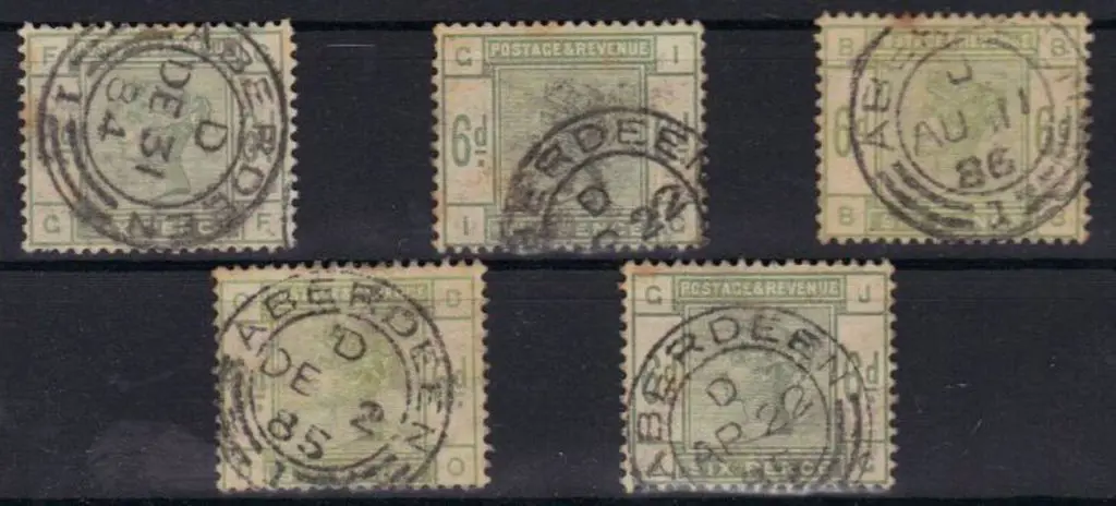 1883/84 6d dull green x 5. All with Aberdeen cds's ... Image 1++