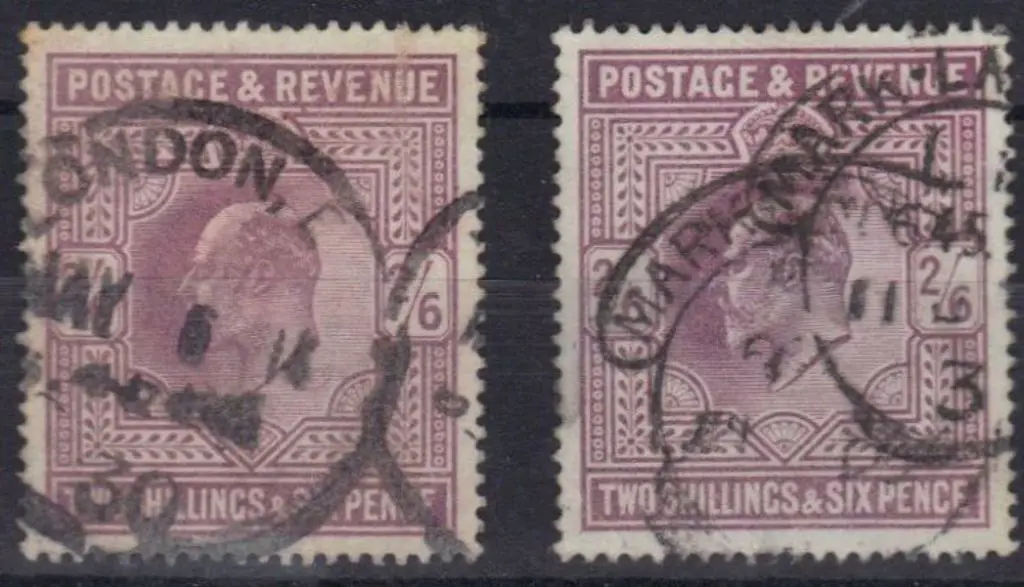 1902 2/6d lilac. Good used x 2, one with London ... Image 1++