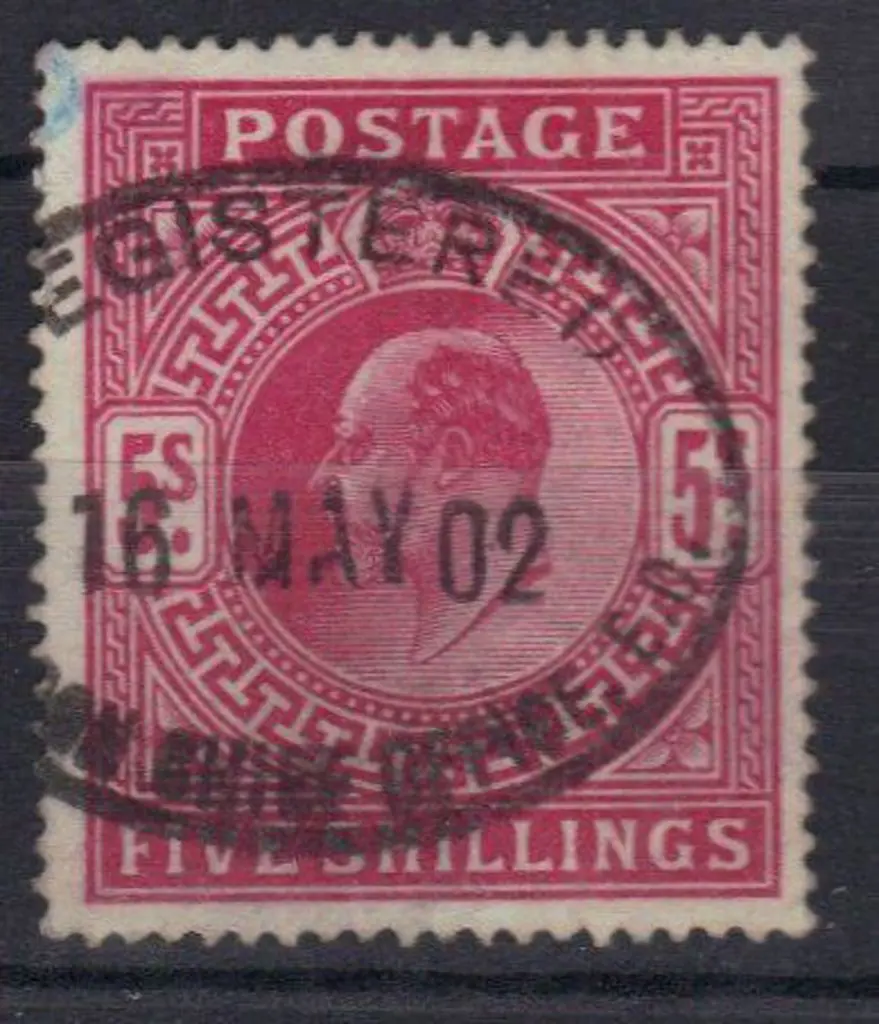 1902 5/- bright carmine KEVII. F/U with 16 MAY 02 ... Image 1++