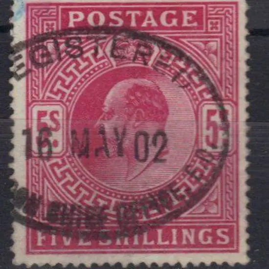 1902 5/- bright carmine KEVII. F/U with 16 MAY 02 ...