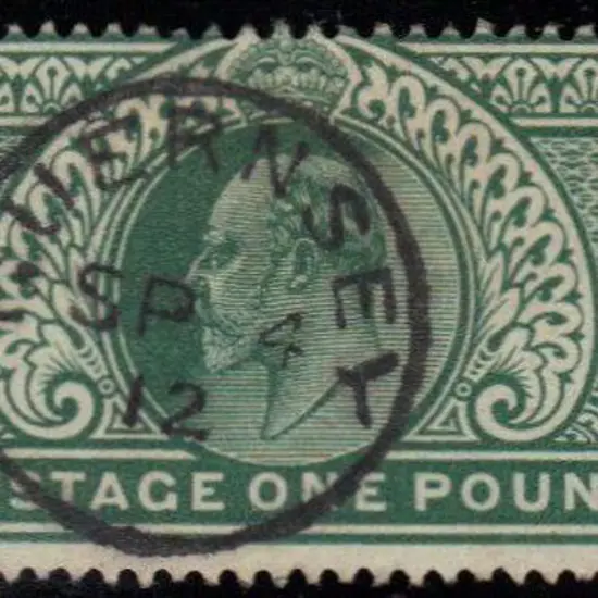 1911 £1 deep green with clear Guernsey cds. ...