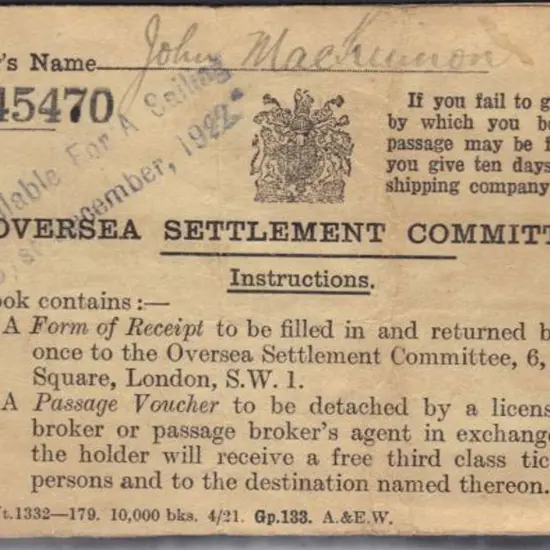 1922 British "Oversea Settlement Committee" ...