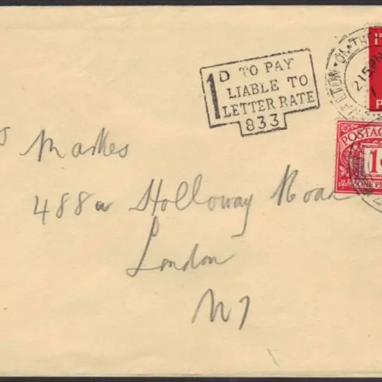 1937 1d KEVIII taxed local letter bearing 1d ...
