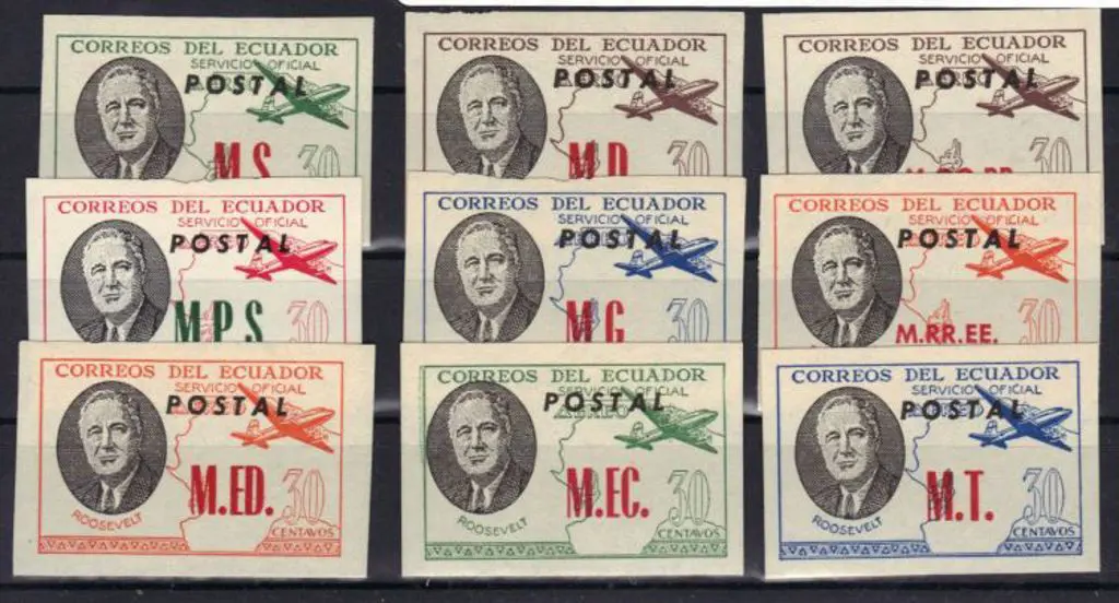 Ecuador 1949 30c Roosevelt imperf set of 9 with ... Image 1++