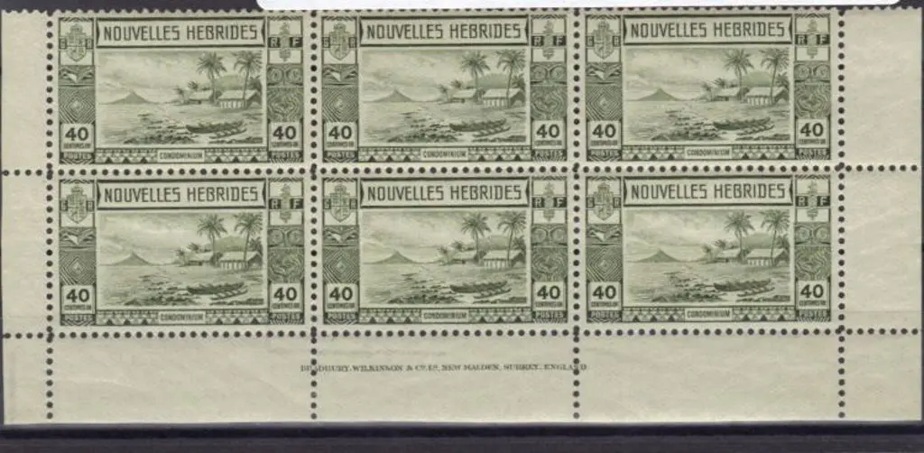 French New Hebrides1938 40c olive canoe Bradbury ... Image 1++