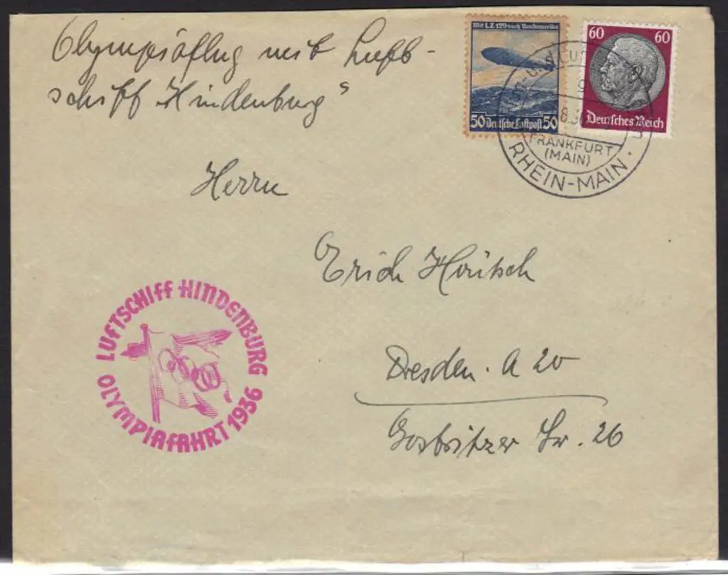 Germany 1936 1st Aug) Zeppelin cover with 50pf ... Image 1++