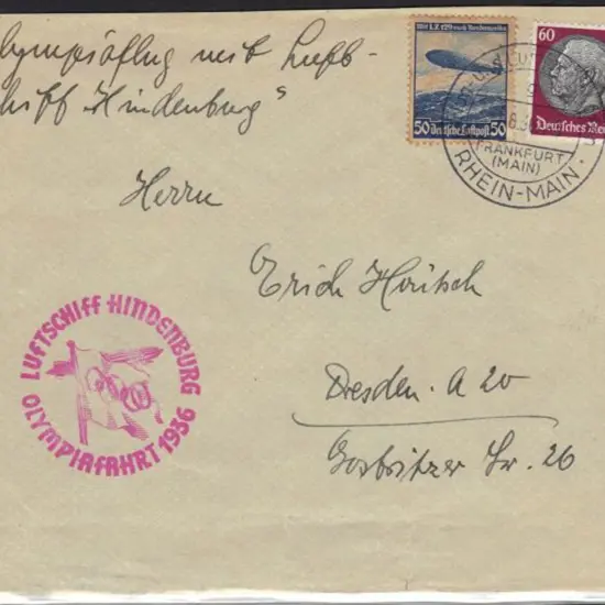 Germany 1936 1st Aug) Zeppelin cover with 50pf ...