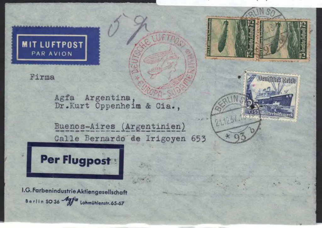 Germany 1937 airmail cover to Argentina bearing ... Image 1++