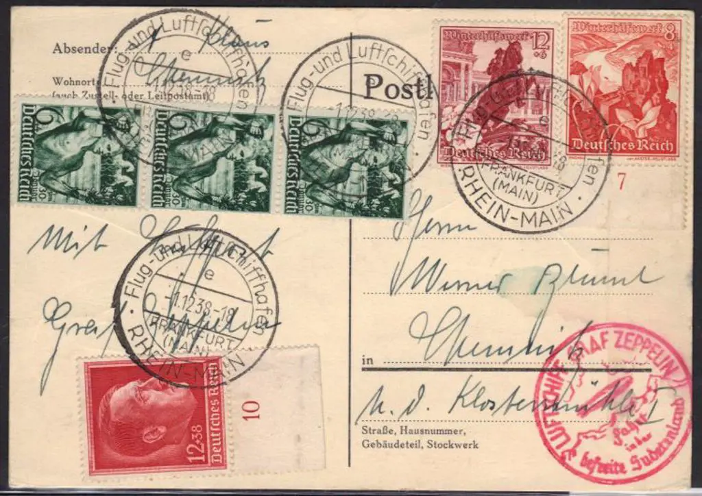 Germany 1938 (1st Dec) Zeppelin plain card with 6 ... Image 1++