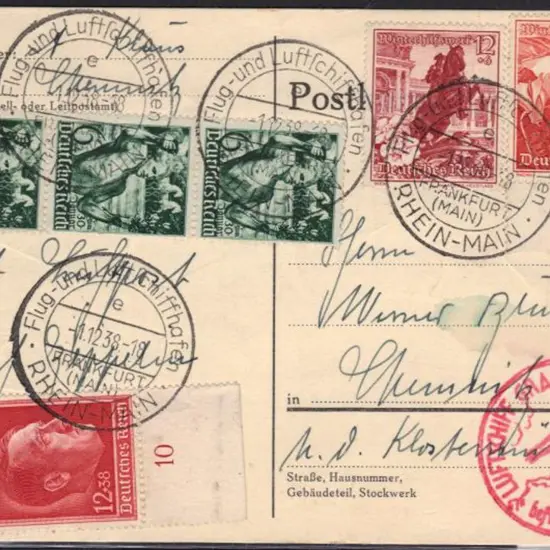 Germany 1938 (1st Dec) Zeppelin plain card with 6 ...