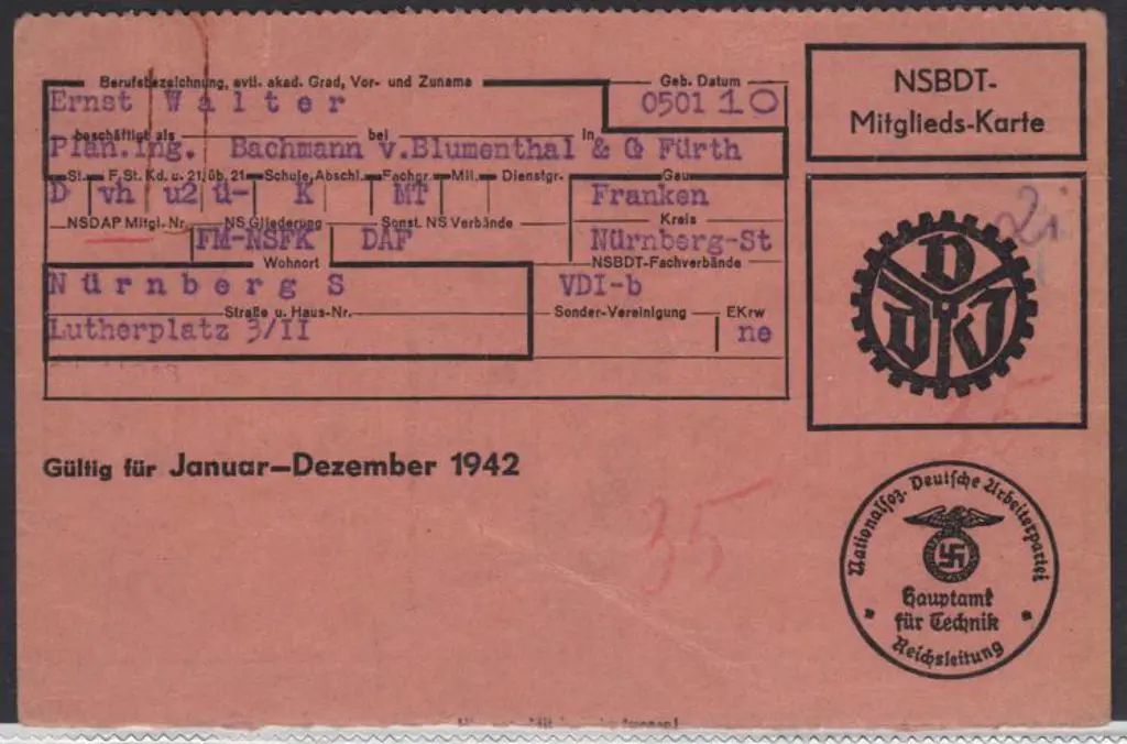 Germany 1942 NSBDT Membership Card with typed ... Image 1++
