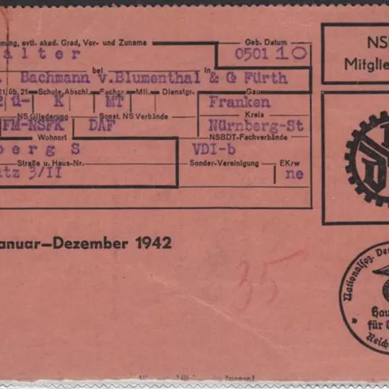 Germany 1942 NSBDT Membership Card with typed ...