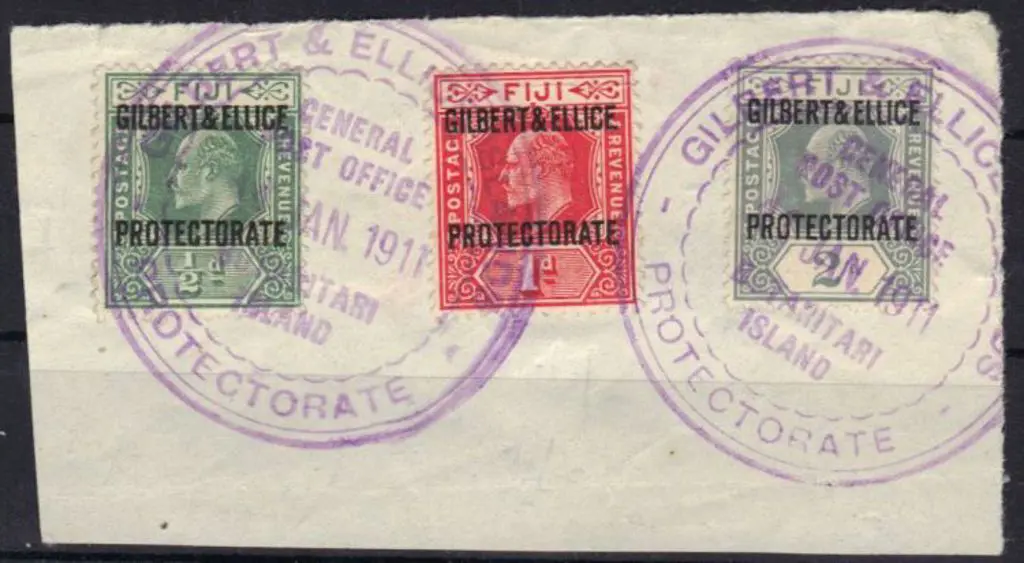 Gilbert & Ellice 1911 ½d, 1d & 2d ovpts on piece ... Image 1++