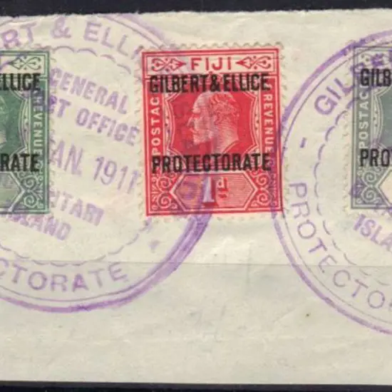 Gilbert & Ellice 1911 ½d, 1d & 2d ovpts on piece ...