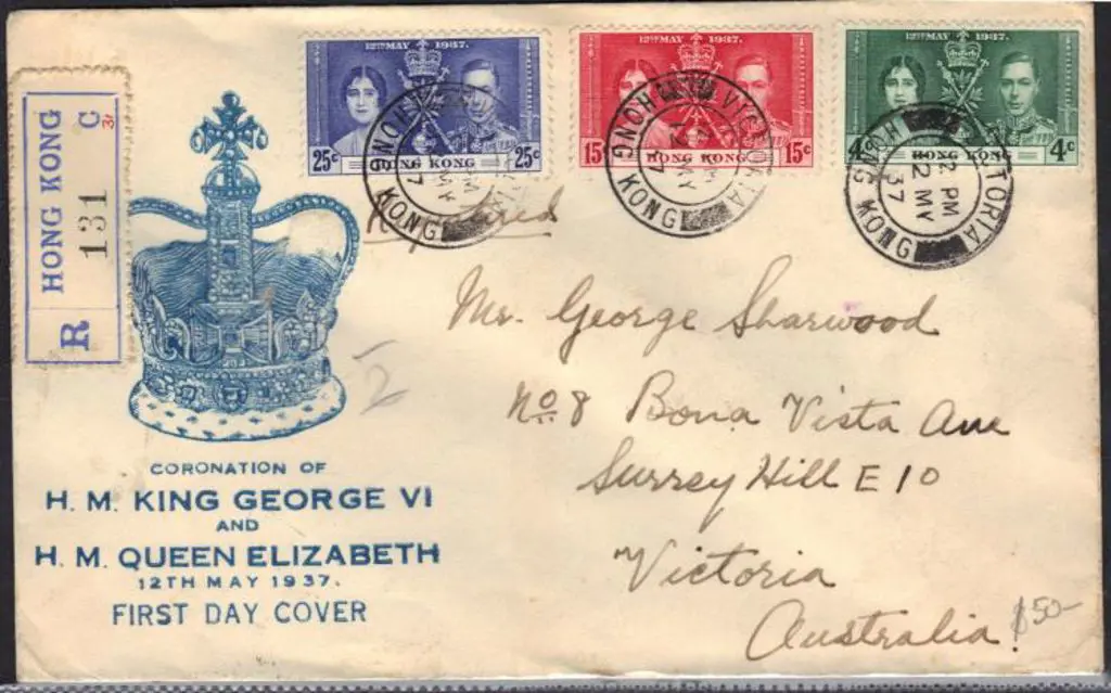 Hong Kong 1937 Coronation set on registered FDC to ... Image 1++
