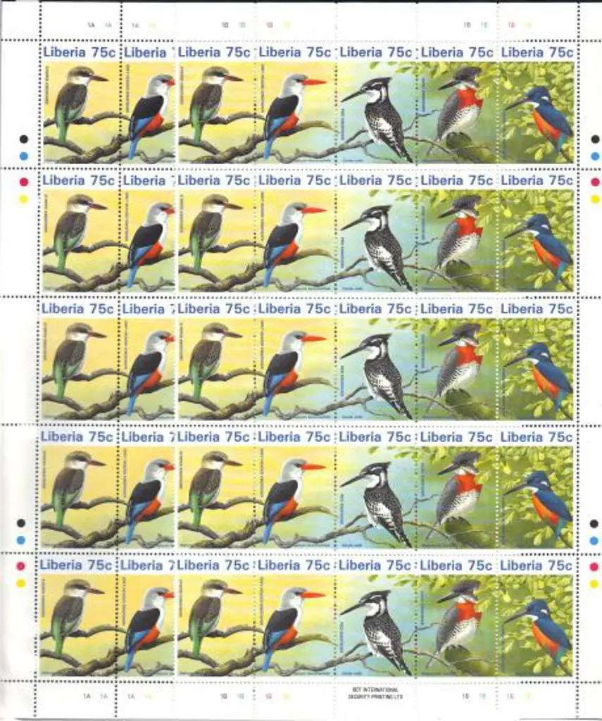 Liberia 1996 Kingfisher set of 5 in full sheet of ... Image 1++