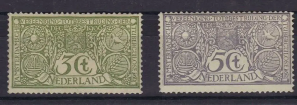 Netherlands 1906 3¢ & 5¢ Anti-TB. 5¢ is centred ... Image 1++