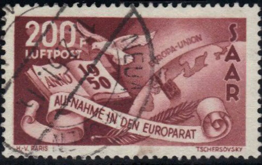 Saarland 1950 Europarat pair F/U. 25f with ... Image 1++
