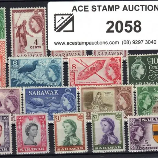 Sarawak 1955/59 QEII defins complete set of 15 to ...