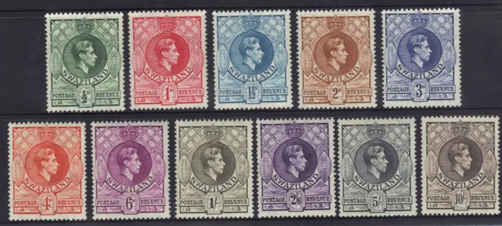 Swaziland 1938/54 KGVI defins set of 11 to 10/-. ... Image 1++