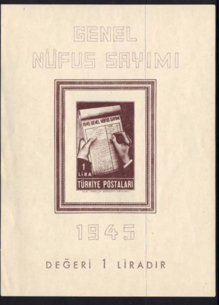 Turkey 1945 National Census 1 lire brown M/S MUH. ... Image 1++