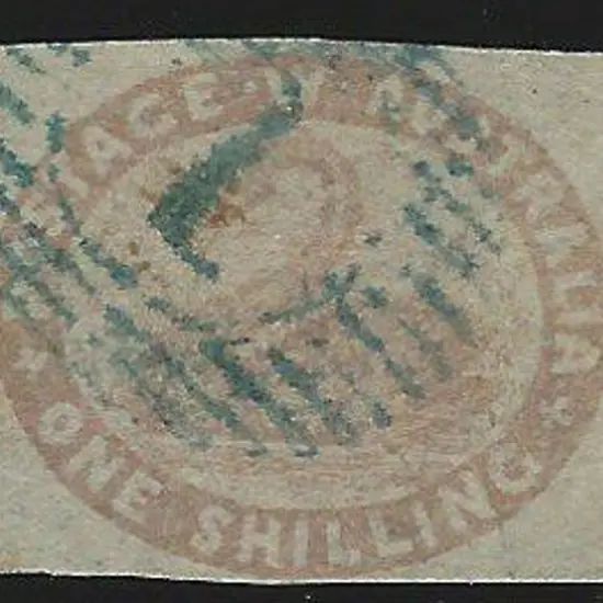 1855 1/- pale brown. F/U with 15 bar 1 of Perth in ...