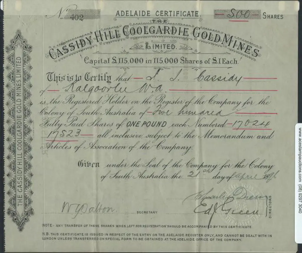 1896 Cassidy Hill Coolgardie Gold Mines Share ... Image 1++