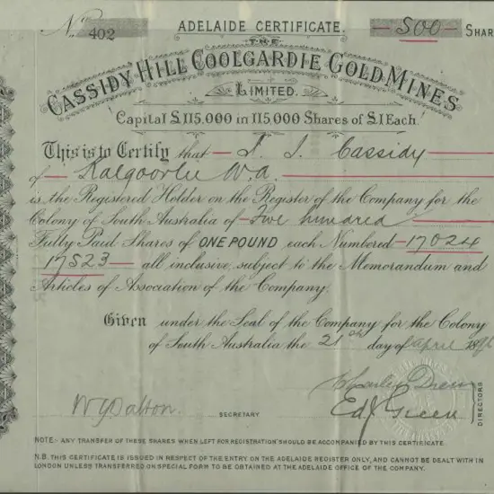 1896 Cassidy Hill Coolgardie Gold Mines Share ...