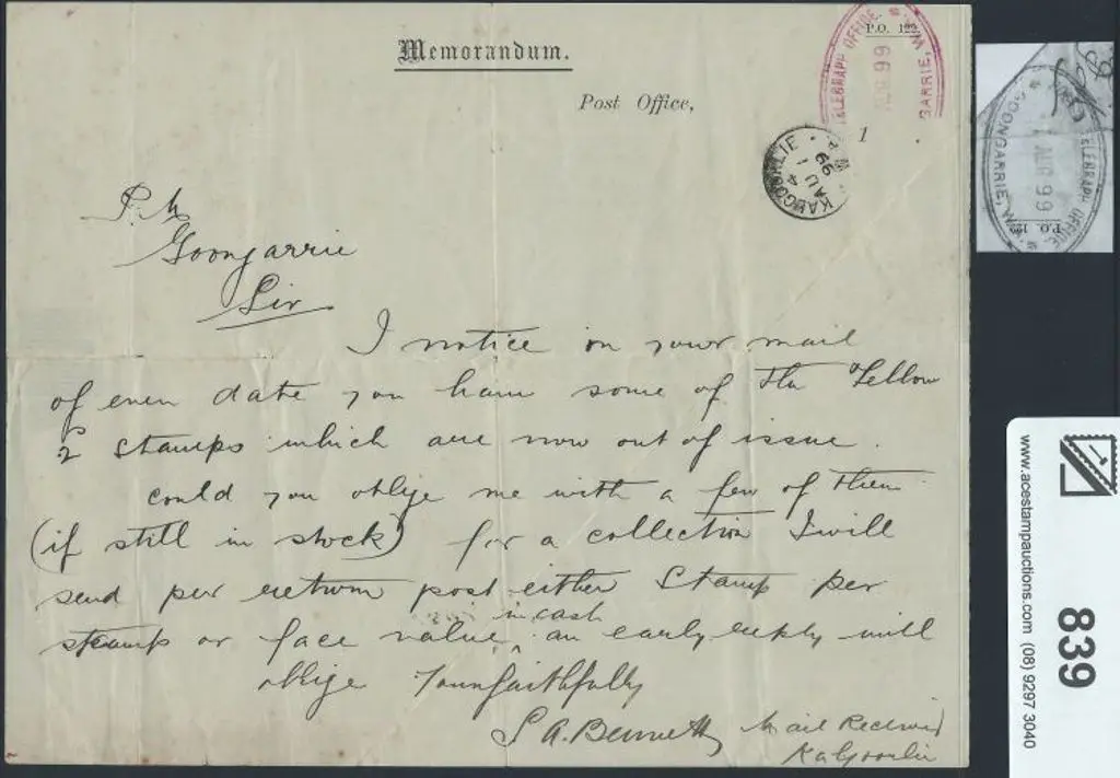 1899 memorandum to Postmaster Goongarrie on ... Image 1++