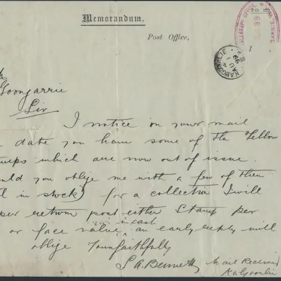 1899 memorandum to Postmaster Goongarrie on ...