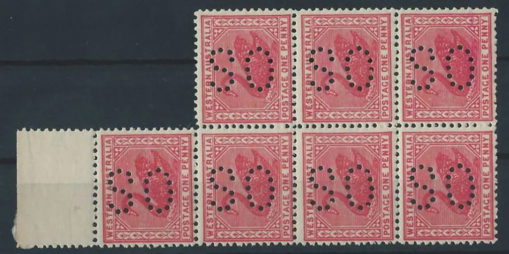 1902 1d rose-pink block of 7 swans perfined large ... Image 1++