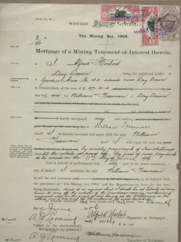 1906 Mining Tenement Mortgage document with 3/- IR ... Image 1++