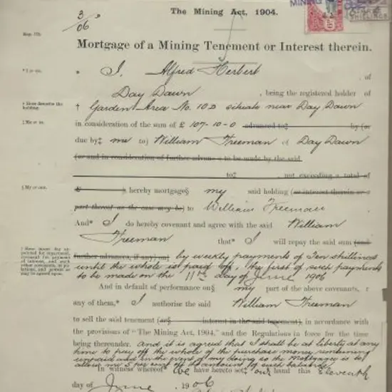 1906 Mining Tenement Mortgage document with 3/- IR ...
