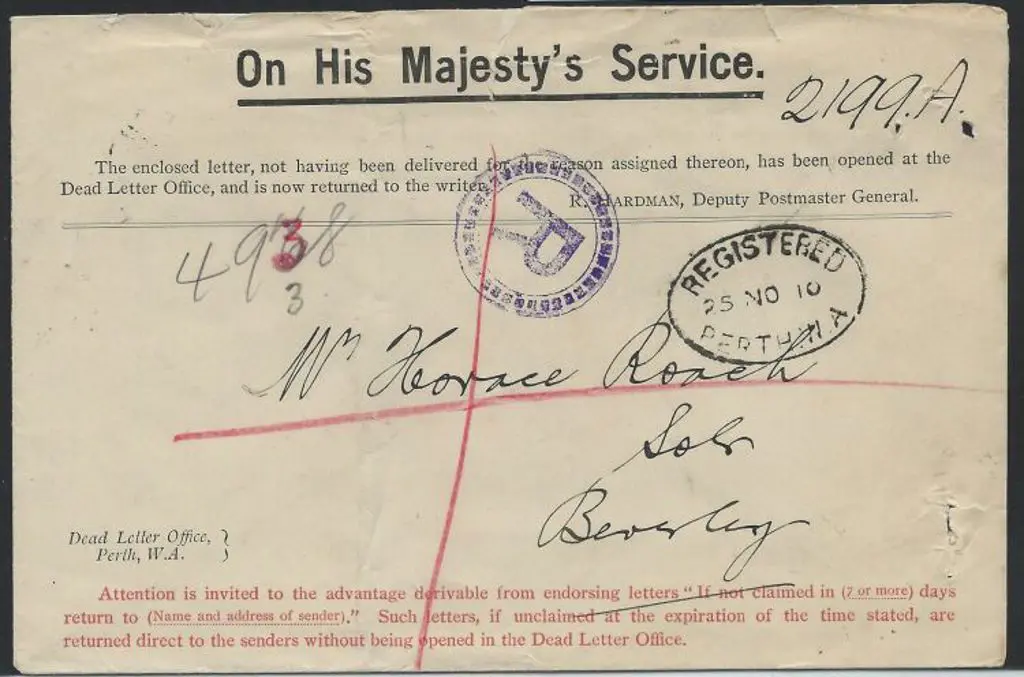 1910 (25th Nov) OHMS stampless env from Dead ... Image 1++