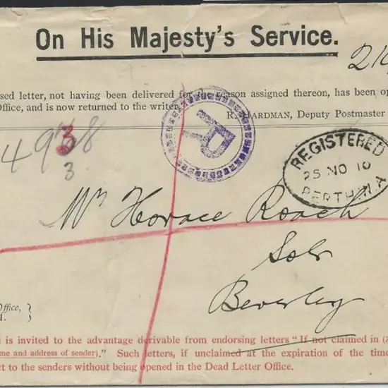 1910 (25th Nov) OHMS stampless env from Dead ...