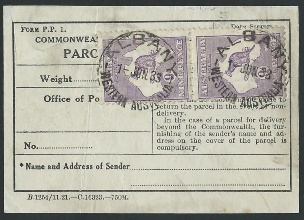 1933 Parcel Label (Form P.P.I.) with 9d kangaroos ... Image 1++