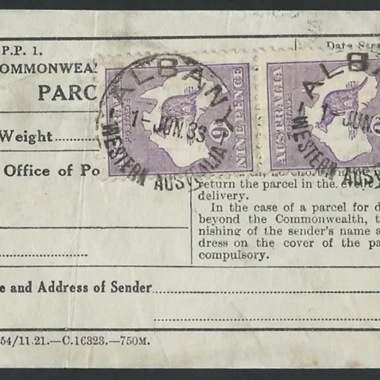 1933 Parcel Label (Form P.P.I.) with 9d kangaroos ...