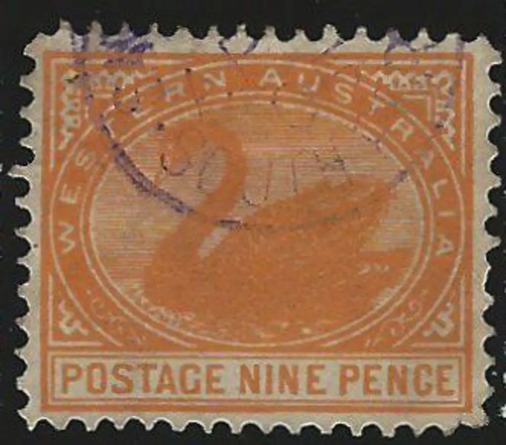 South Perth 30% strike in violet on 9d orange swan ... Image 1++