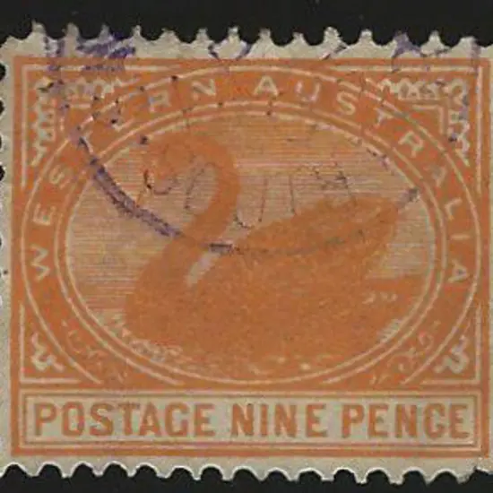 South Perth 30% strike in violet on 9d orange swan ...