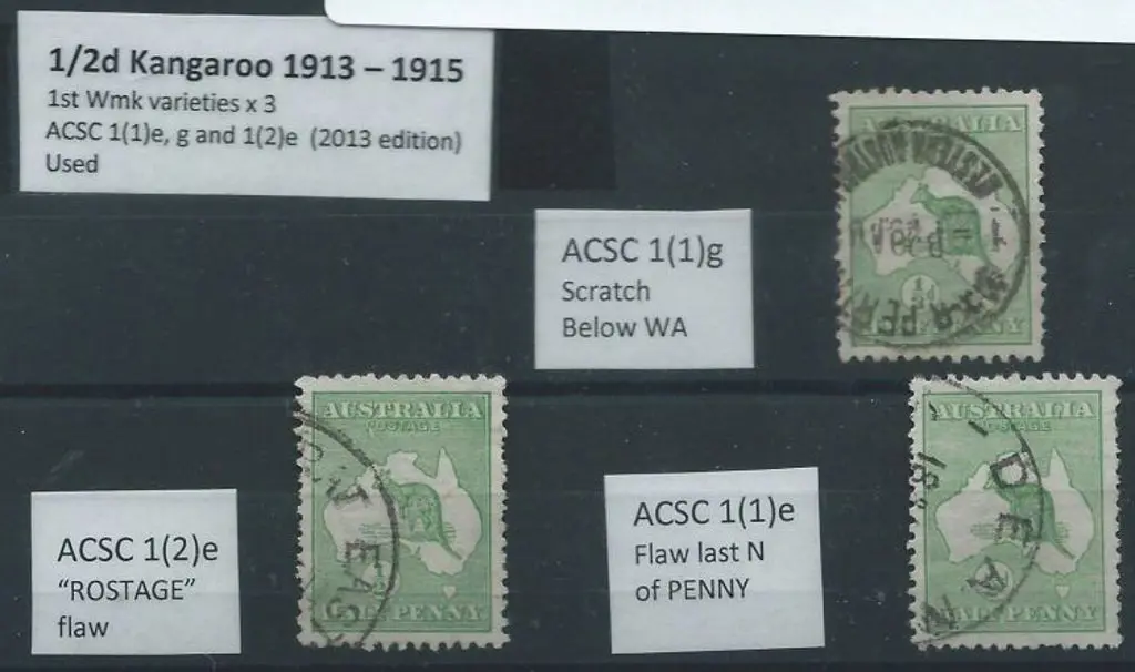 1913 1st wmk ½d green x 3 with "scratch below WA", ... Image 1++