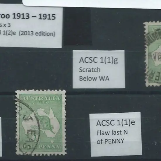 1913 1st wmk ½d green x 3 with "scratch below WA", ...