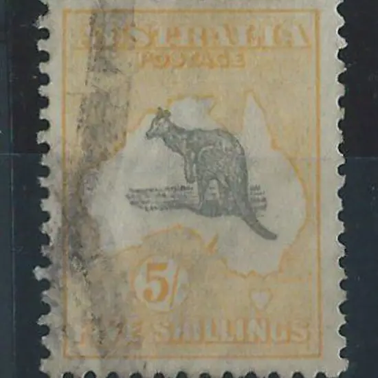 1915-28 3rd wmk 5/- grey & yellow with "rat-faced ...