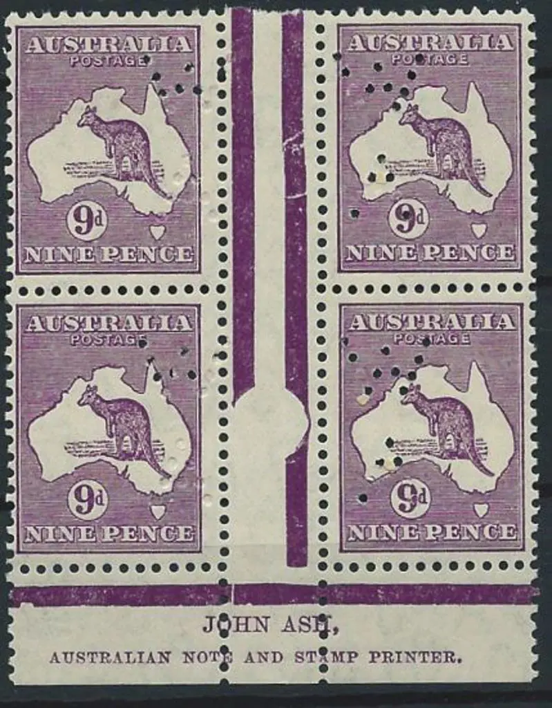 1931-47 CofA 9d violet Ash imprint block punctured ... Image 1++
