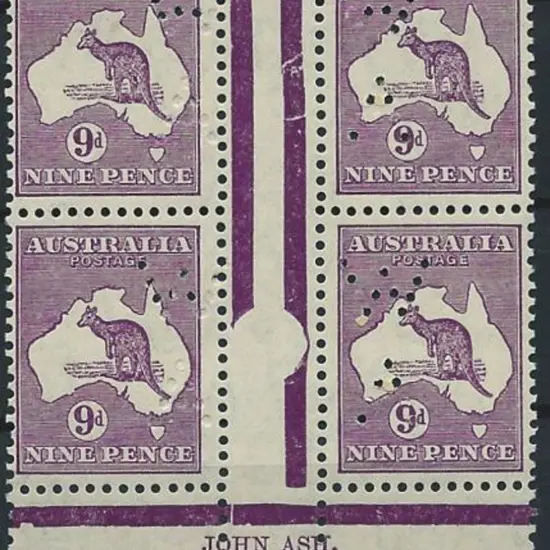 1931-47 CofA 9d violet Ash imprint block punctured ...
