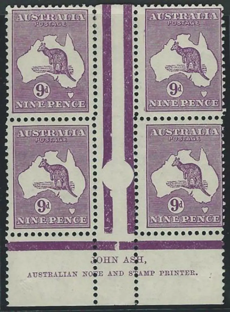 1931-47 CofA 9d violet Ash imprint block of 4, ... Image 1++