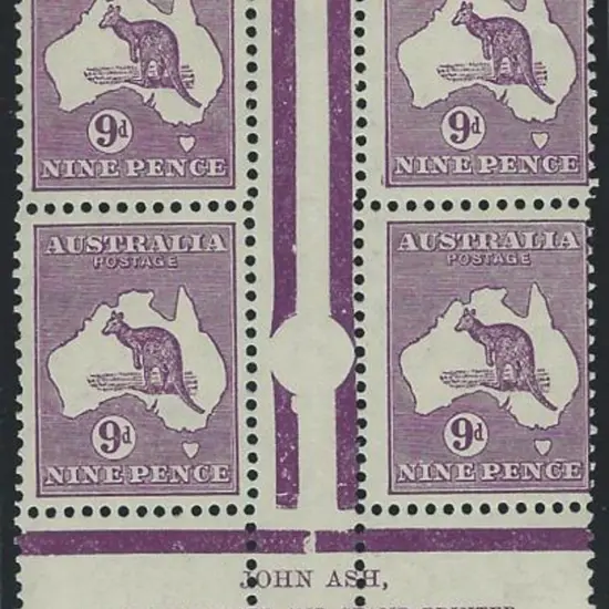 1931-47 CofA 9d violet Ash imprint block of 4, ...