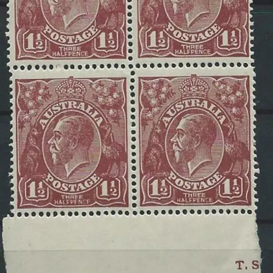 1918-23 Single wmk 1½d brown part imprint block of ...