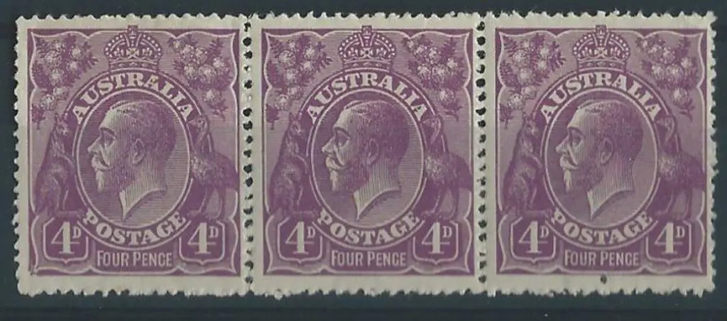 1918-23 Single wmk 4d violet strip of 3 with first ... Image 1++
